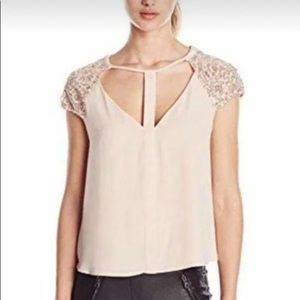 BCBGMAXAZRIA Sierra Beige Sequins Shoulders Top Size M